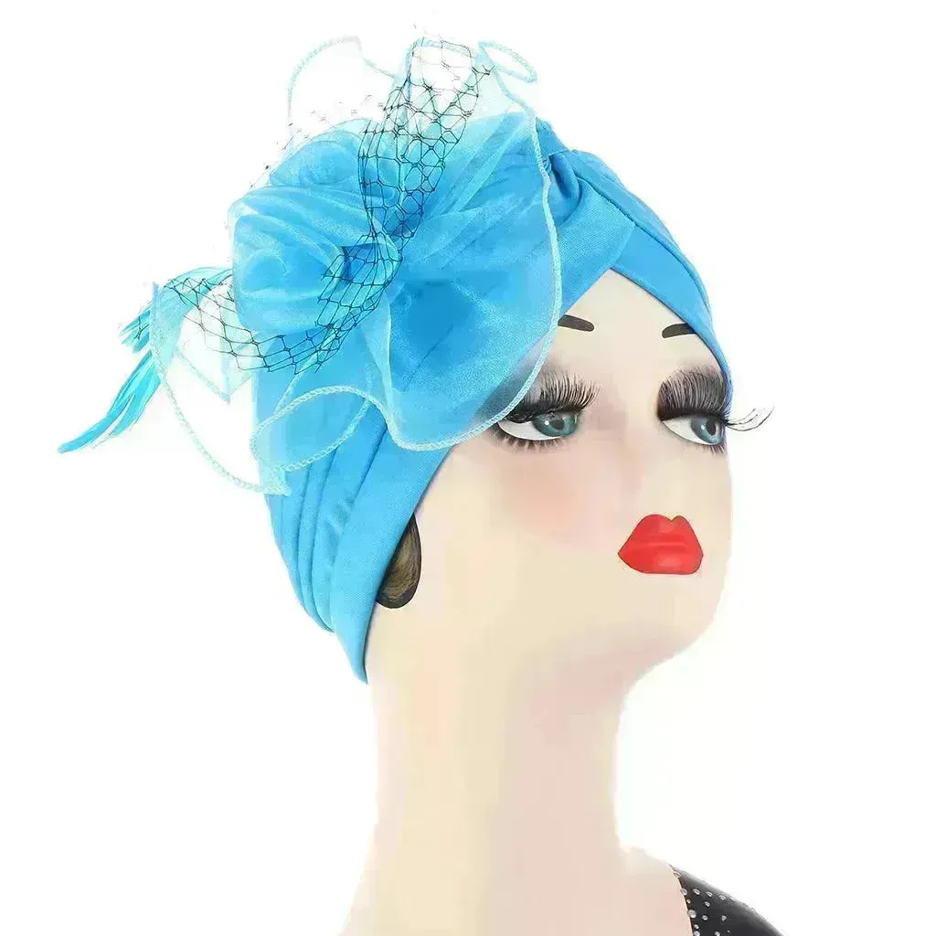 Multicolor Mesh Matching Feather Flower Arab  Hat