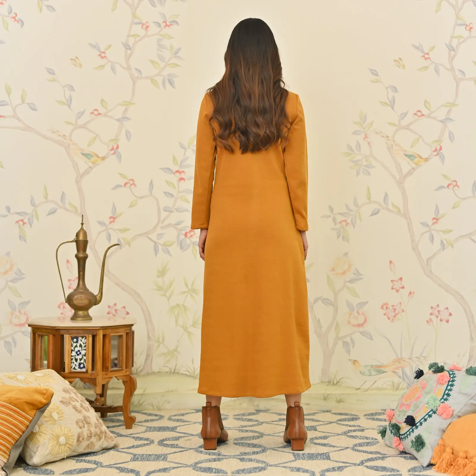 Mustard Aari Embroidered Geometric A-line Woollen Dress
