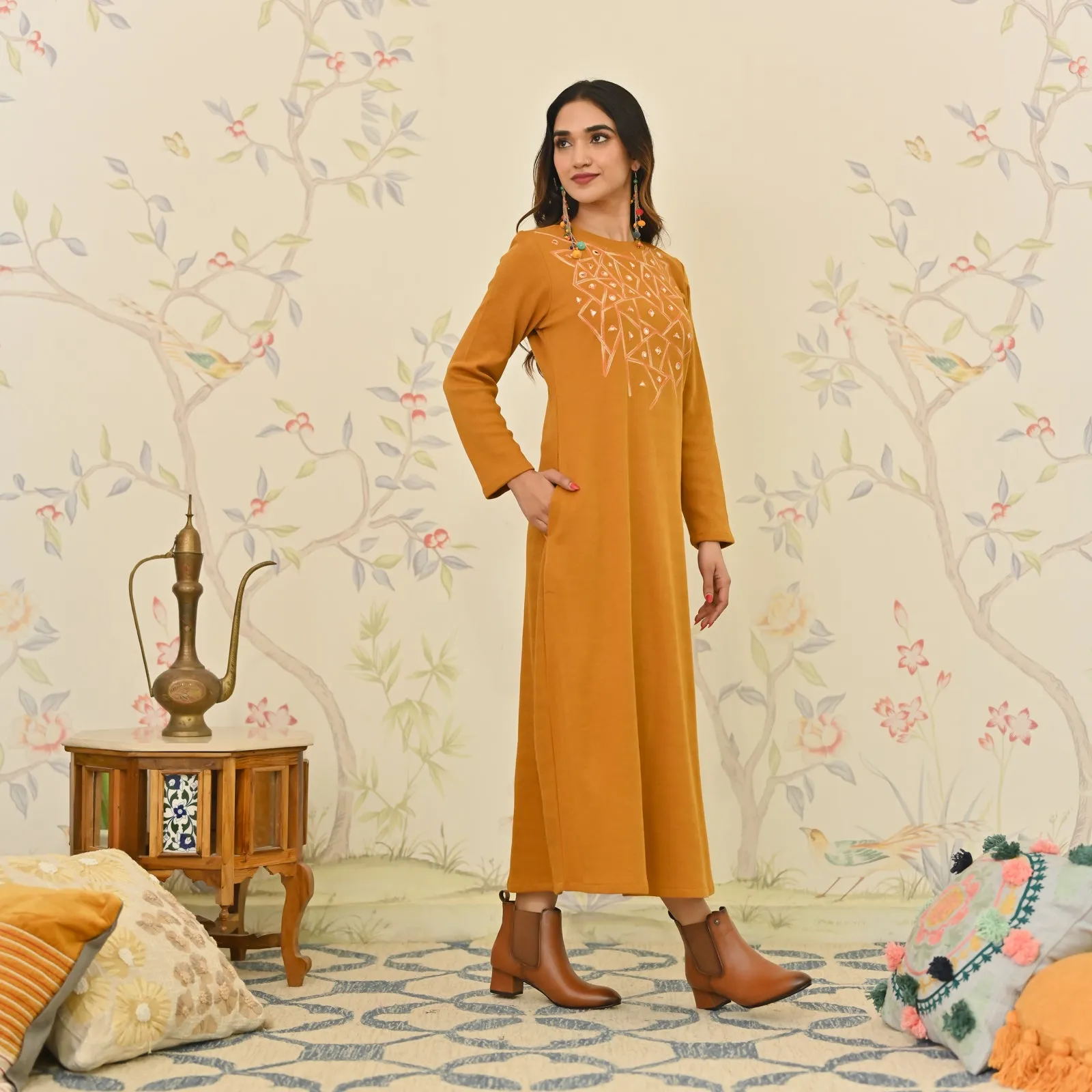 Mustard Aari Embroidered Geometric A-line Woollen Dress