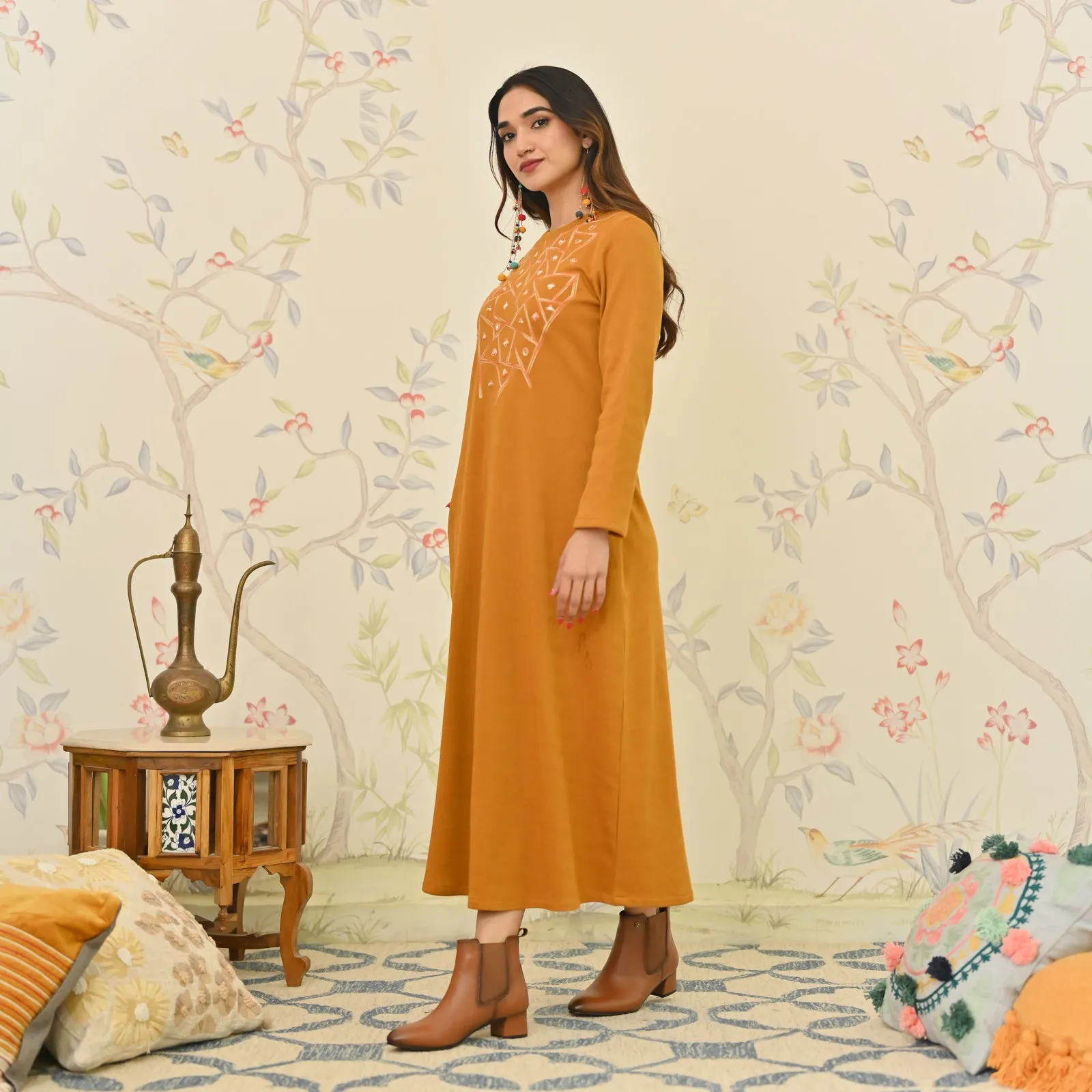 Mustard Aari Embroidered Geometric A-line Woollen Dress