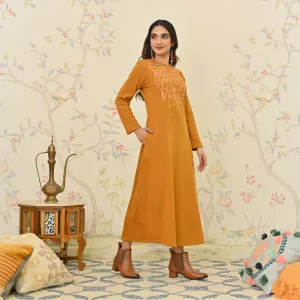 Mustard Aari Embroidered Geometric A-line Woollen Dress