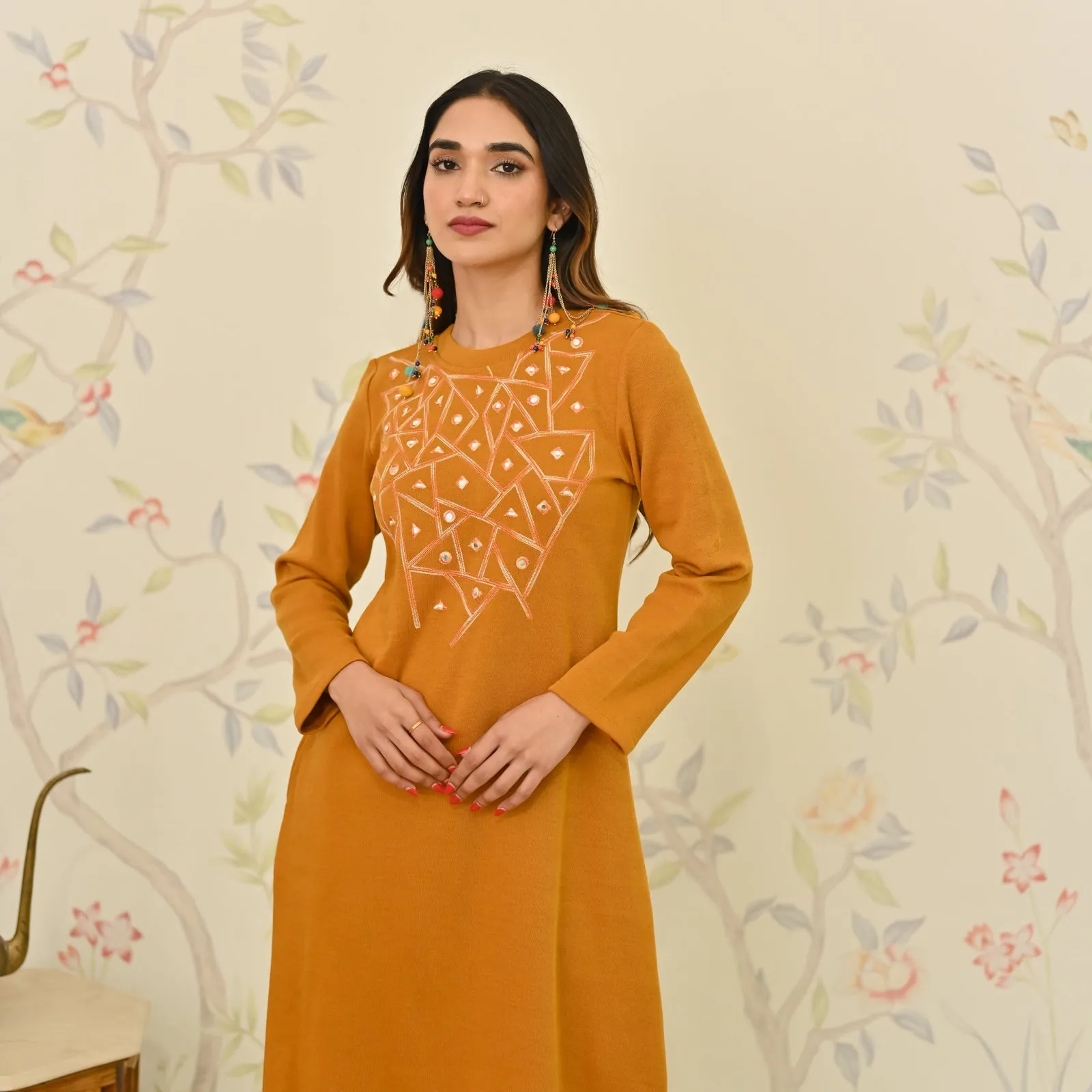 Mustard Aari Embroidered Geometric A-line Woollen Dress
