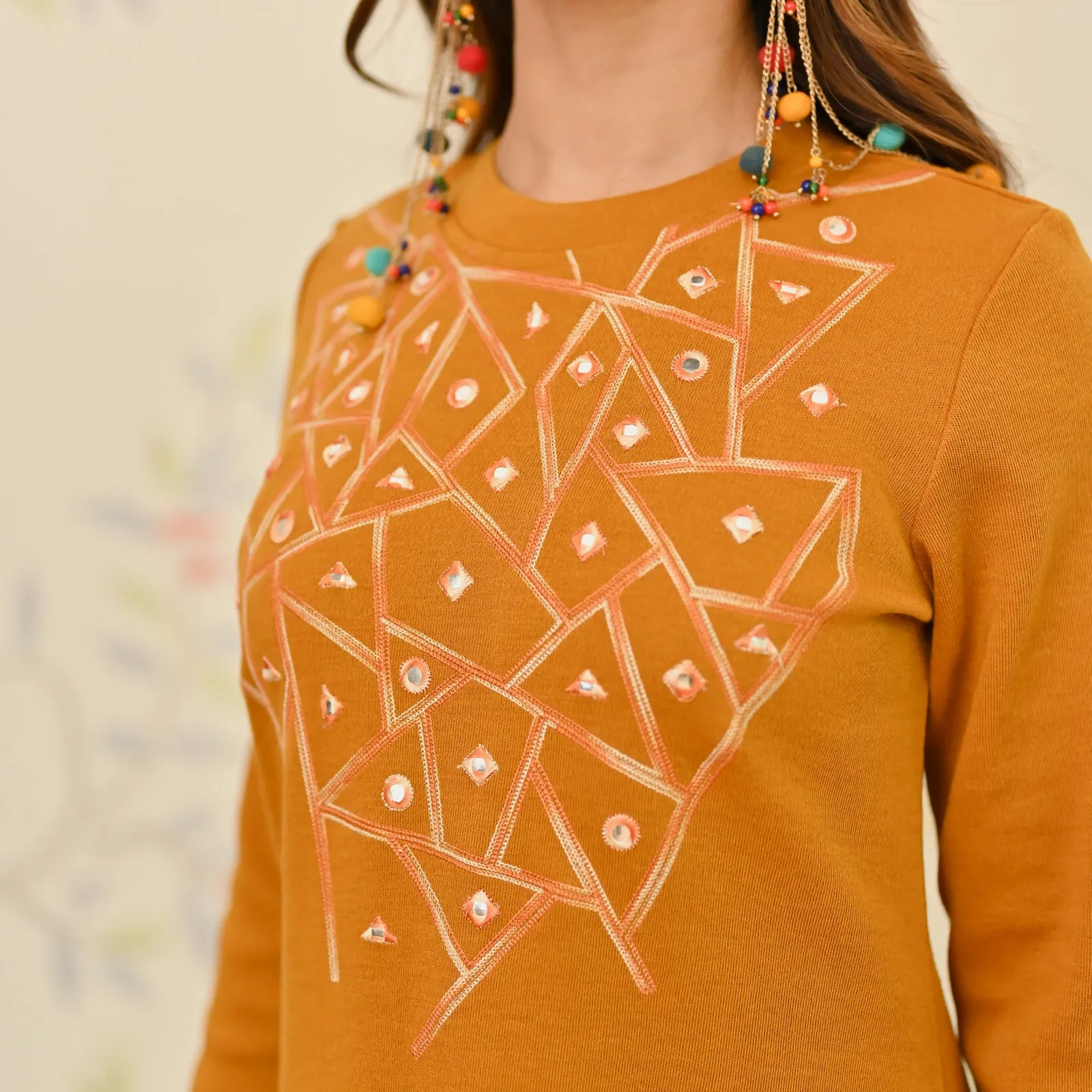 Mustard Aari Embroidered Geometric A-line Woollen Dress