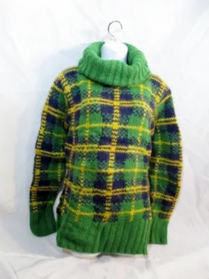 NEW CELINE ALPACA Wool Mohair TARTAN Sweater S GREEN Turtleneck PLAID Womens