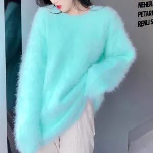 New High Quality Women Soft Mohair Knitted Sweater Autumn Winter Long Sleeve Mink Cashmere Thick Warm Loose Jumper Pullover