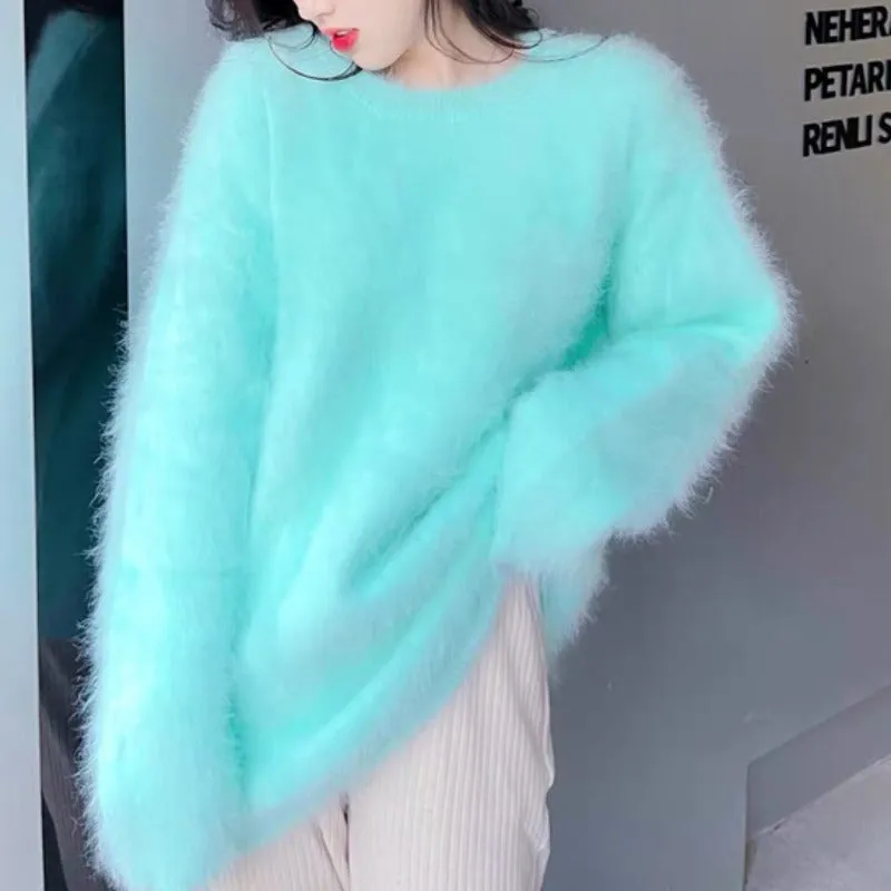 New High Quality Women Soft Mohair Knitted Sweater Autumn Winter Long Sleeve Mink Cashmere Thick Warm Loose Jumper Pullover