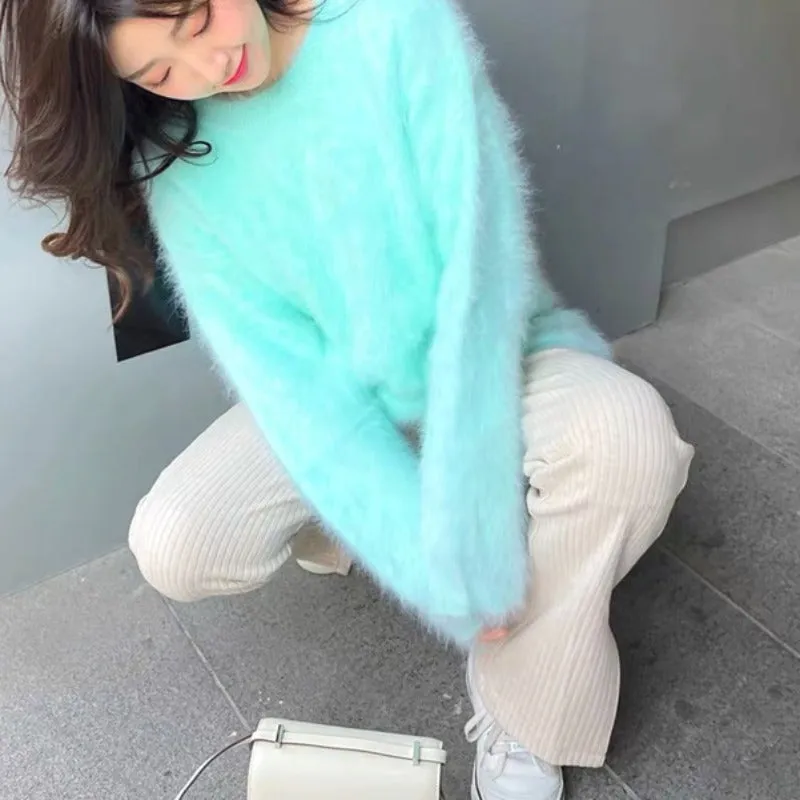 New High Quality Women Soft Mohair Knitted Sweater Autumn Winter Long Sleeve Mink Cashmere Thick Warm Loose Jumper Pullover