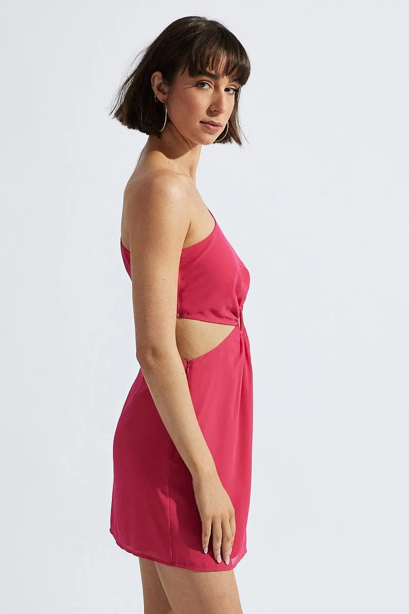Pink Fuchsia One Shoulder Ring Detail Dress