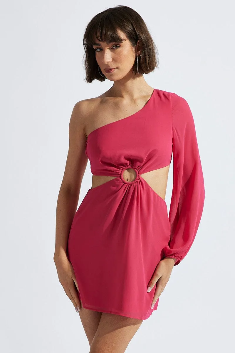 Pink Fuchsia One Shoulder Ring Detail Dress