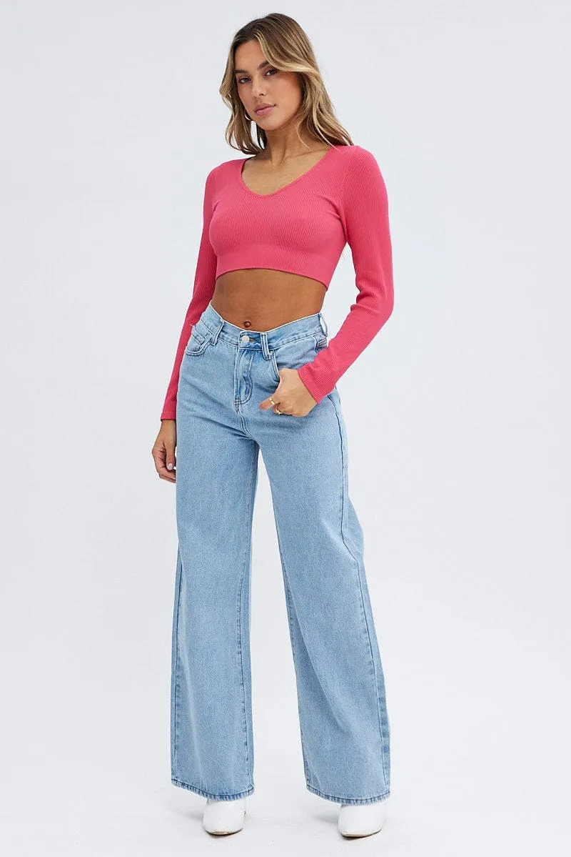 Pink Top Long sleeve V neck Seamless
