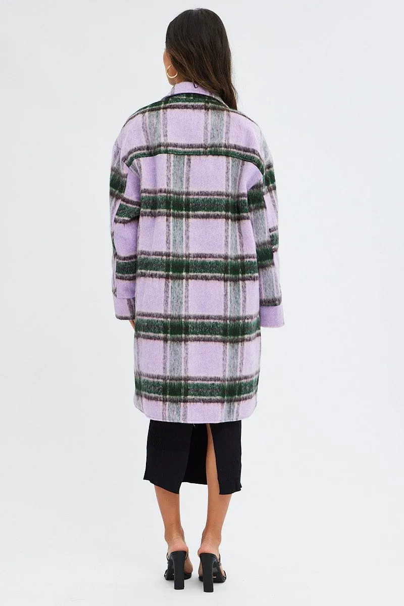 Purple Check Coat Long Sleeve Collared Check Faux Wool