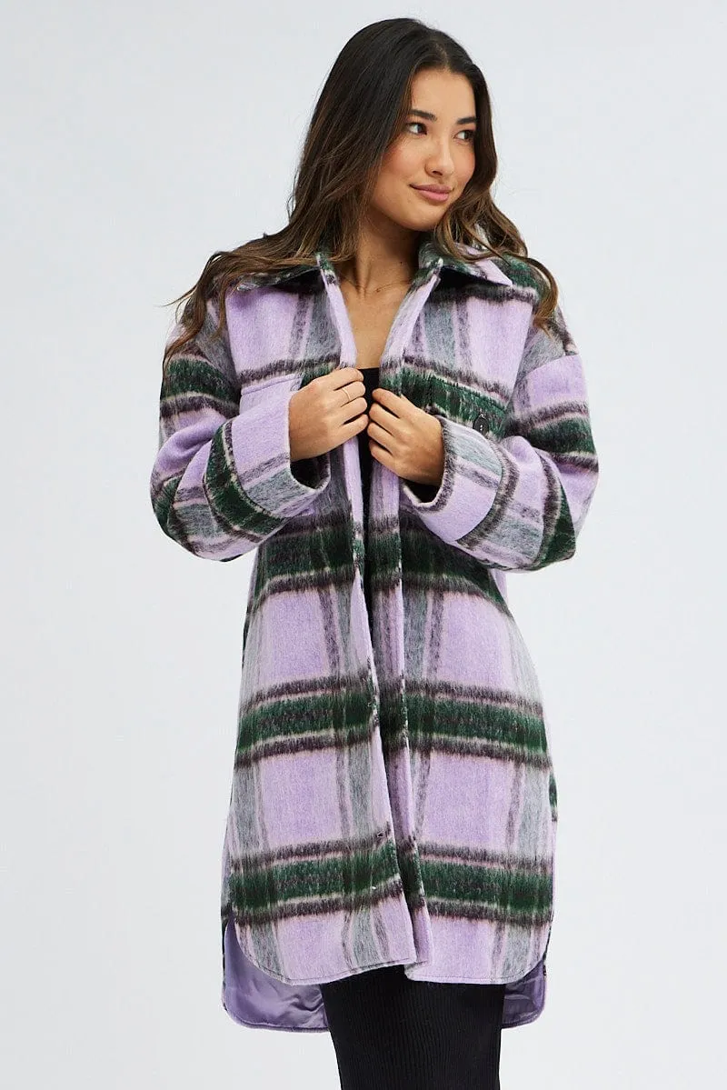Purple Check Coat Long Sleeve Collared Check Faux Wool