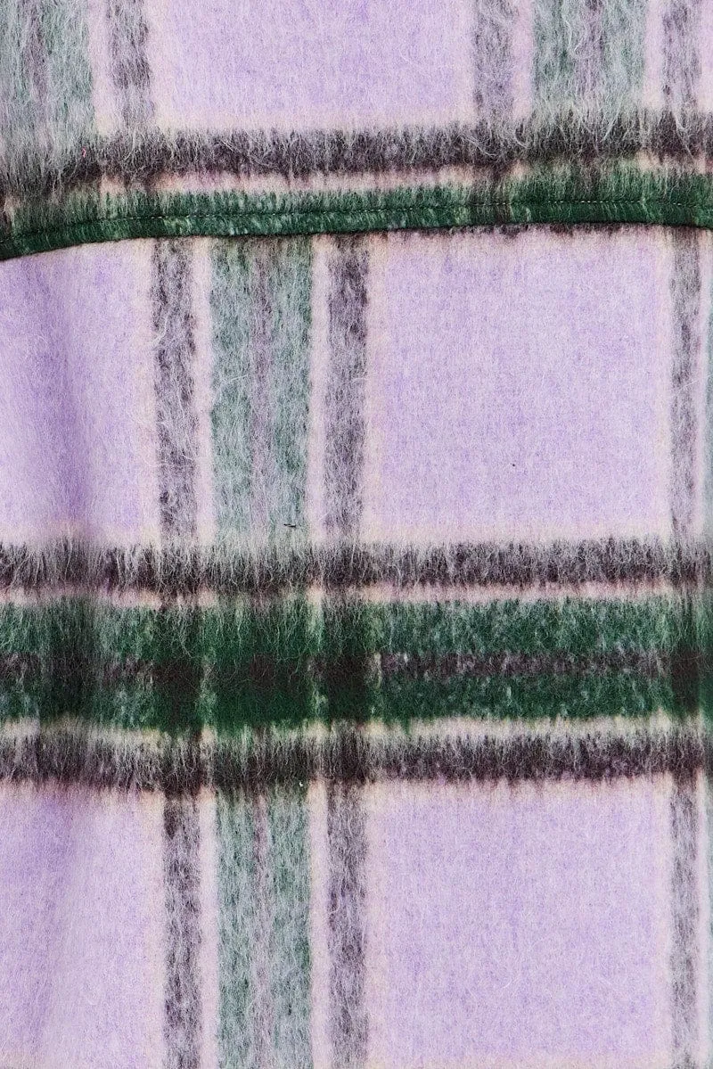 Purple Check Coat Long Sleeve Collared Check Faux Wool