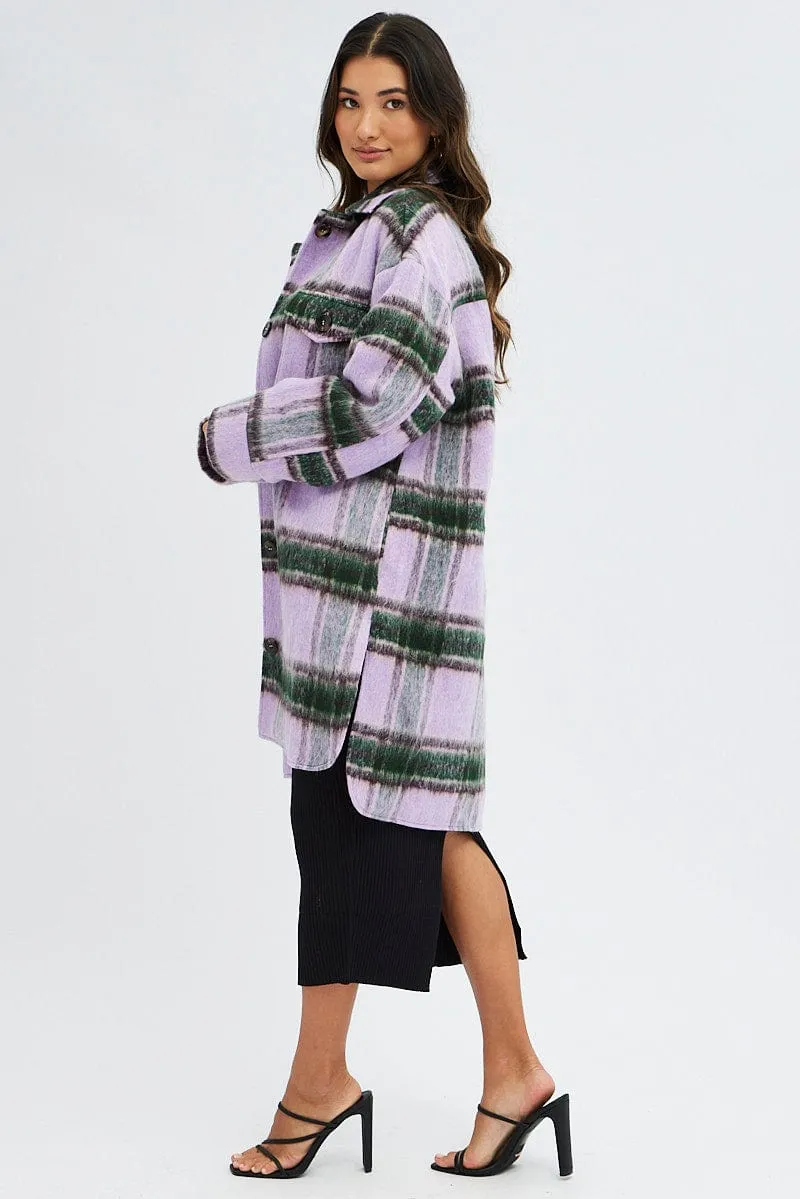 Purple Check Coat Long Sleeve Collared Check Faux Wool