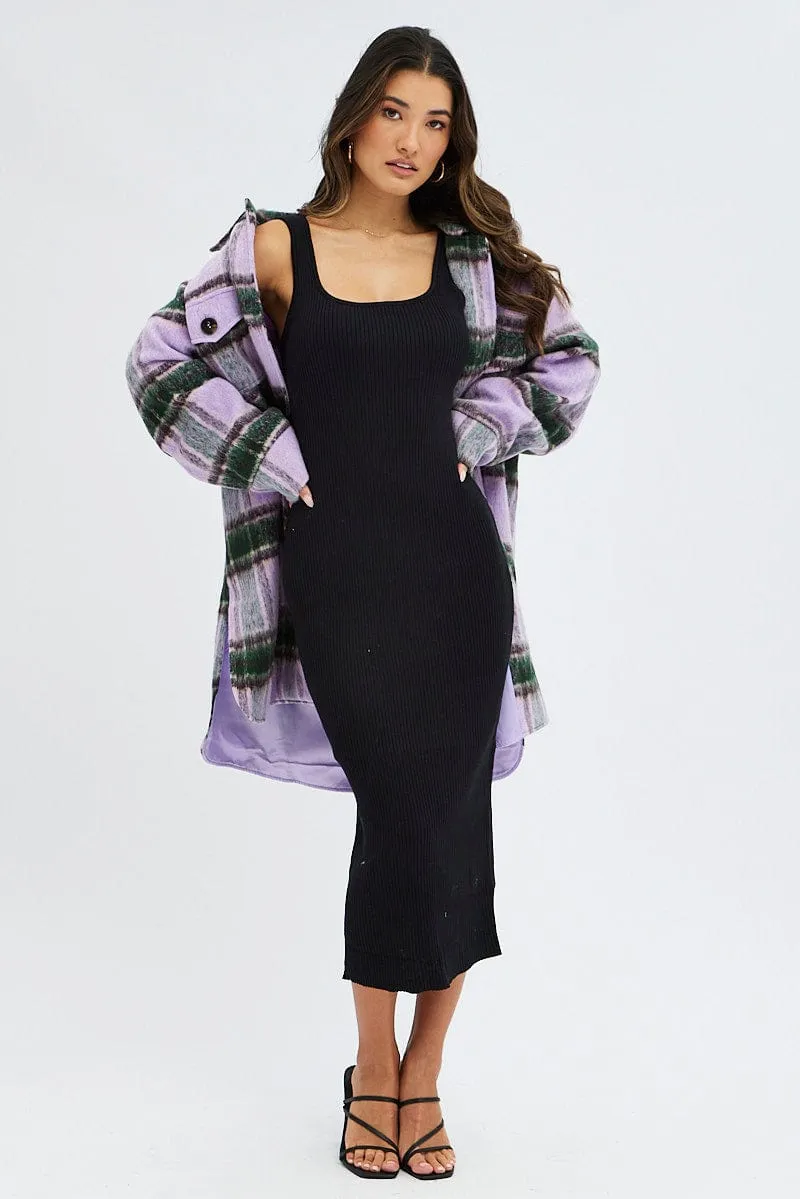 Purple Check Coat Long Sleeve Collared Check Faux Wool
