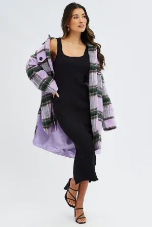 Purple Check Coat Long Sleeve Collared Check Faux Wool