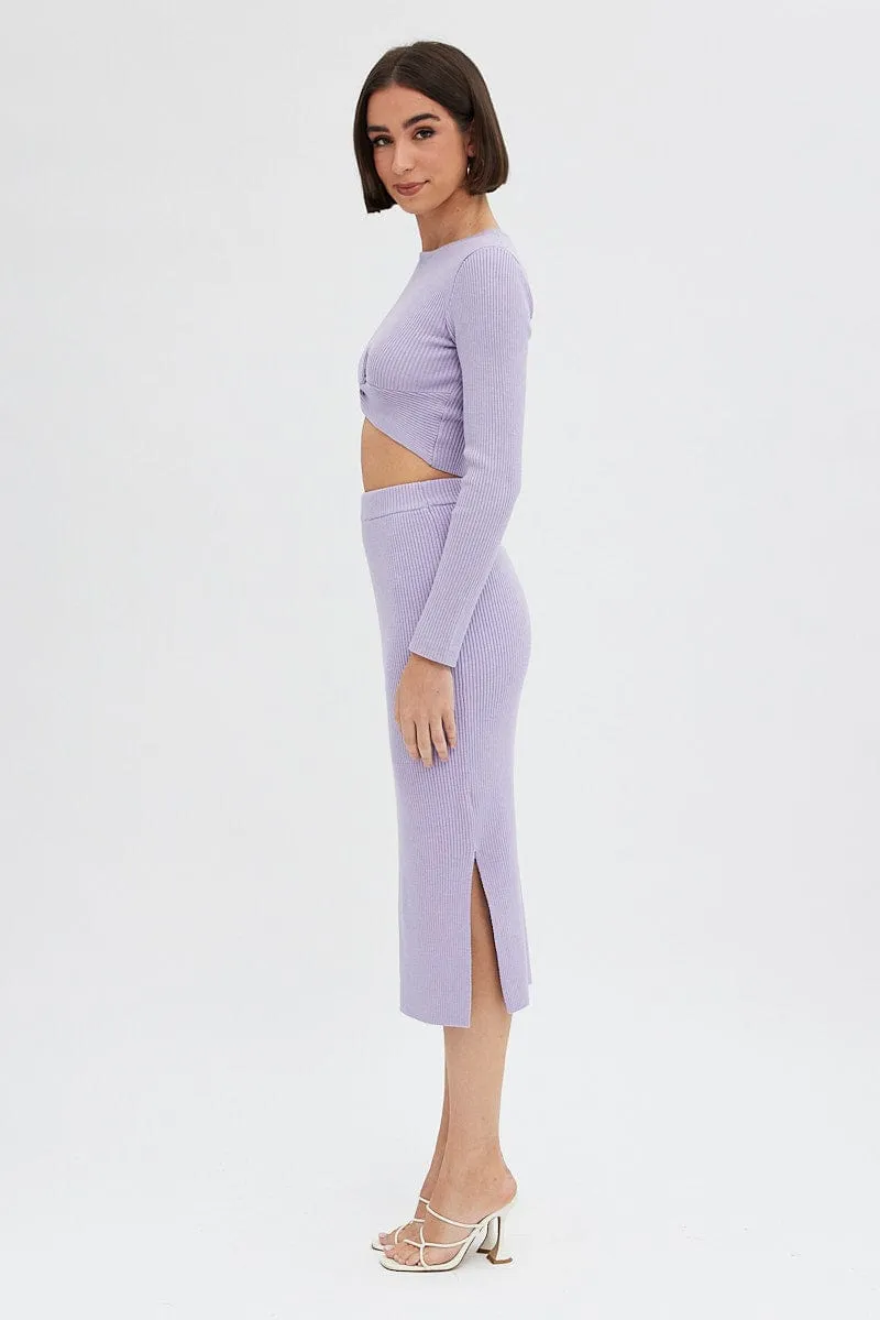 Purple Knit Skirt High Rise Ribbed Midi