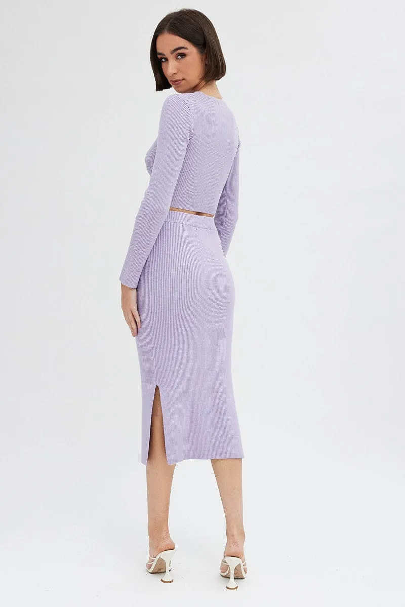 Purple Knit Skirt High Rise Ribbed Midi