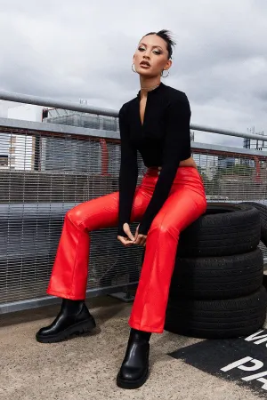 Red Flare Leg Pants Mid Rise Faux Leather