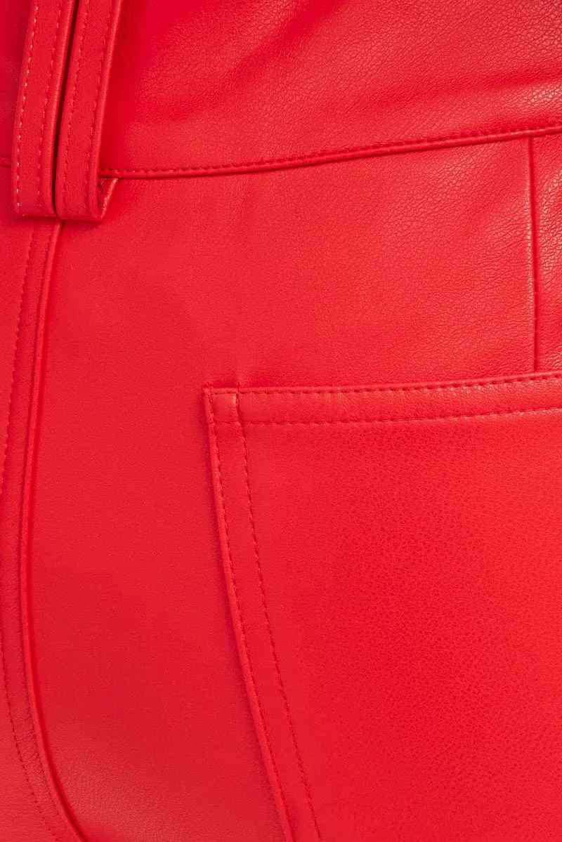 Red Flare Leg Pants Mid Rise Faux Leather