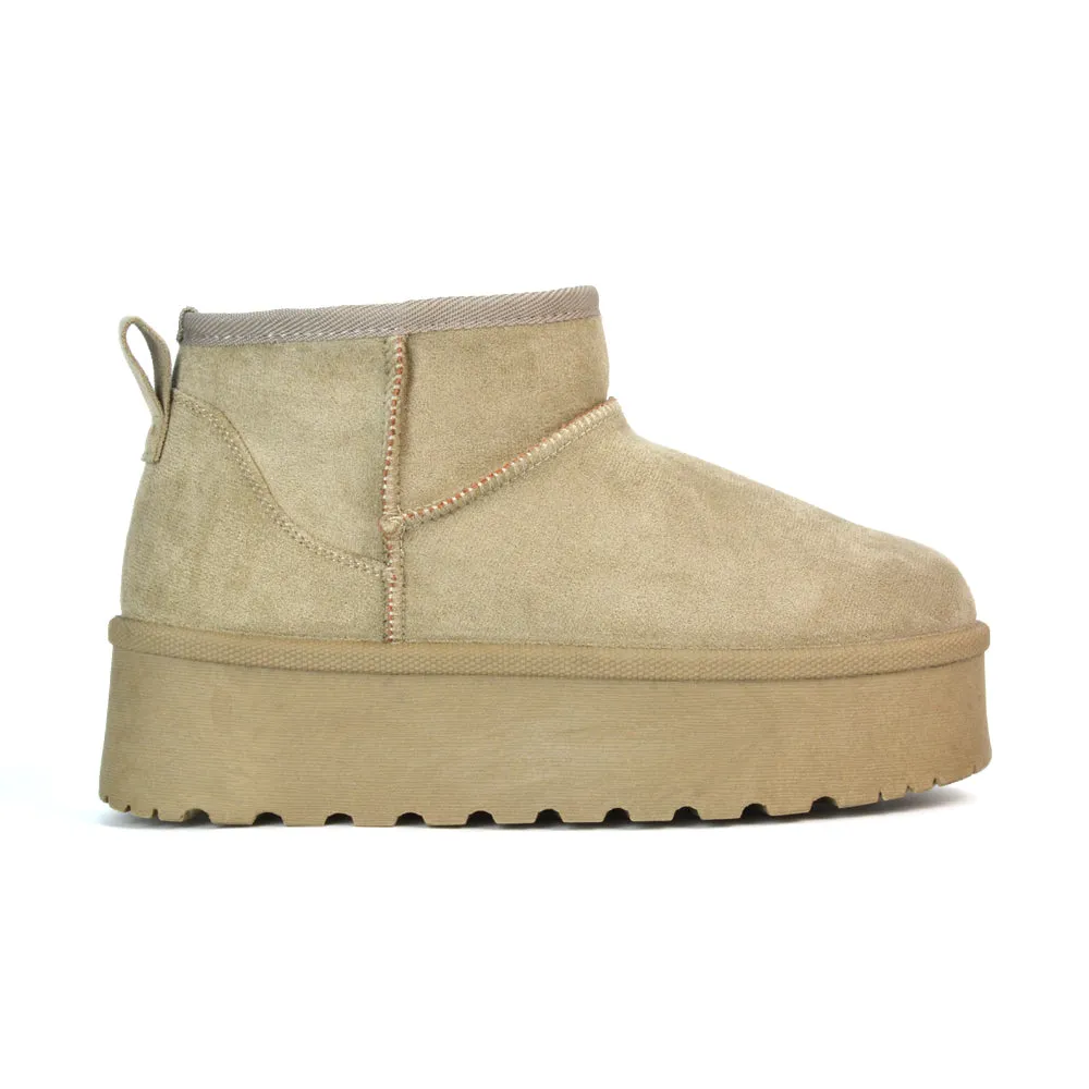 Selina Mini Micro Flatform Micro Faux Fur Ankle Boots in Chestnut