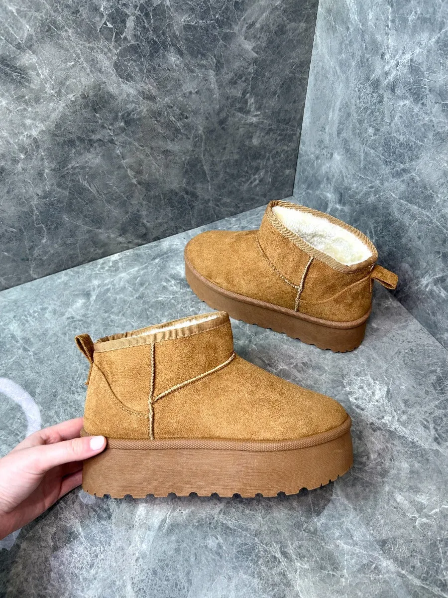Selina Mini Micro Flatform Micro Faux Fur Ankle Boots in Chestnut