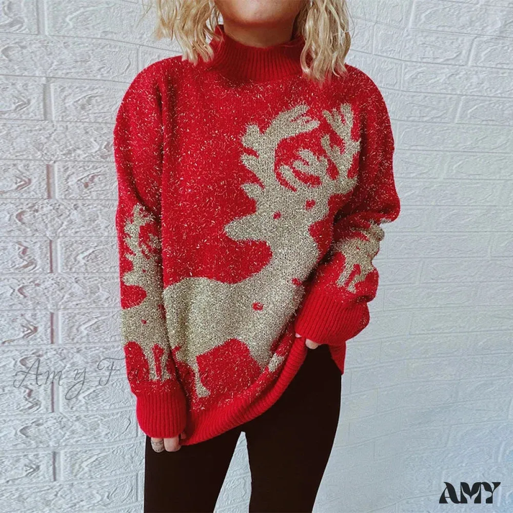 Shiny Loose O-Neck Christmas Sweater - Autumn/Winter Fashion
