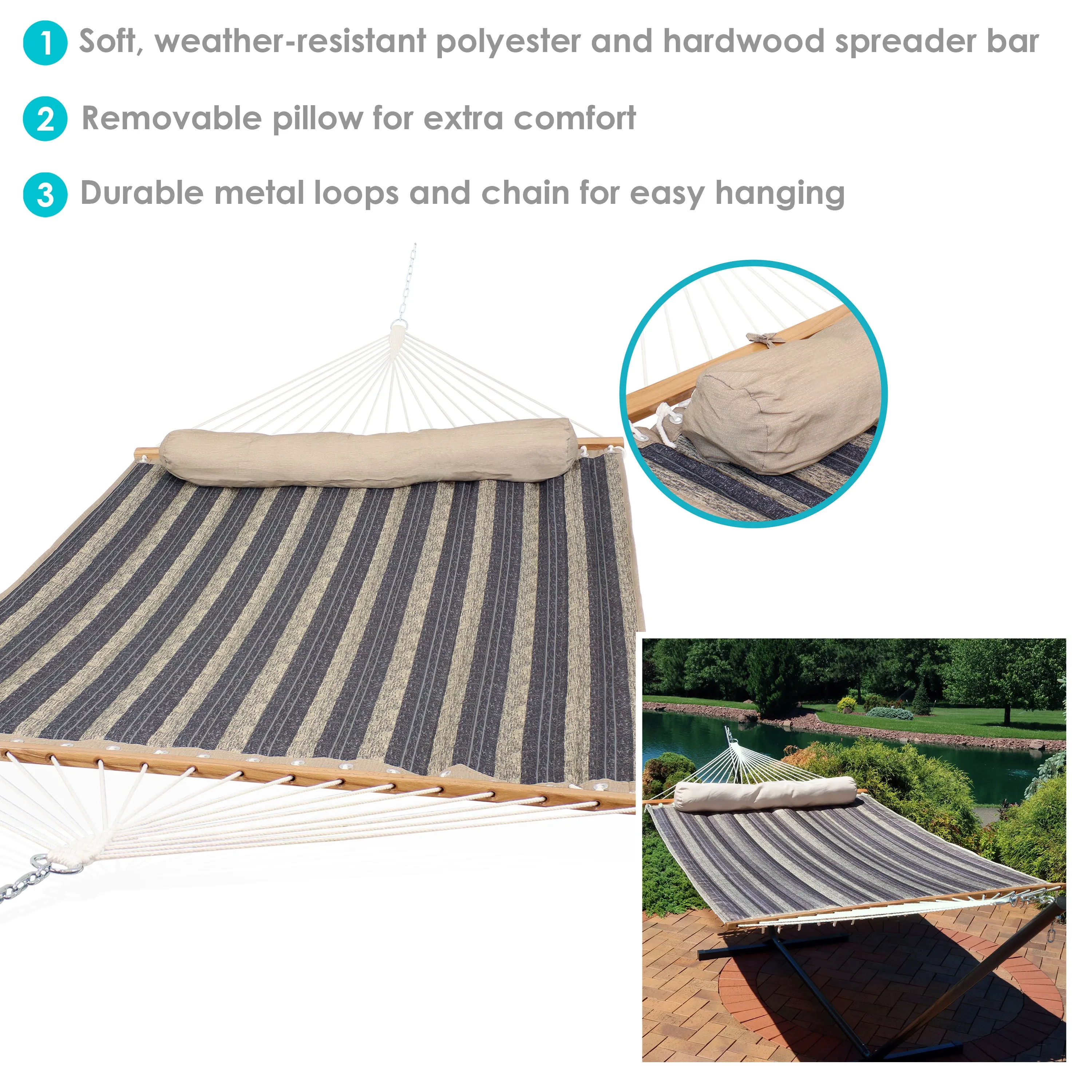 Sunnydaze 2-Person Quilted Fabric Double Hammock with Pillow