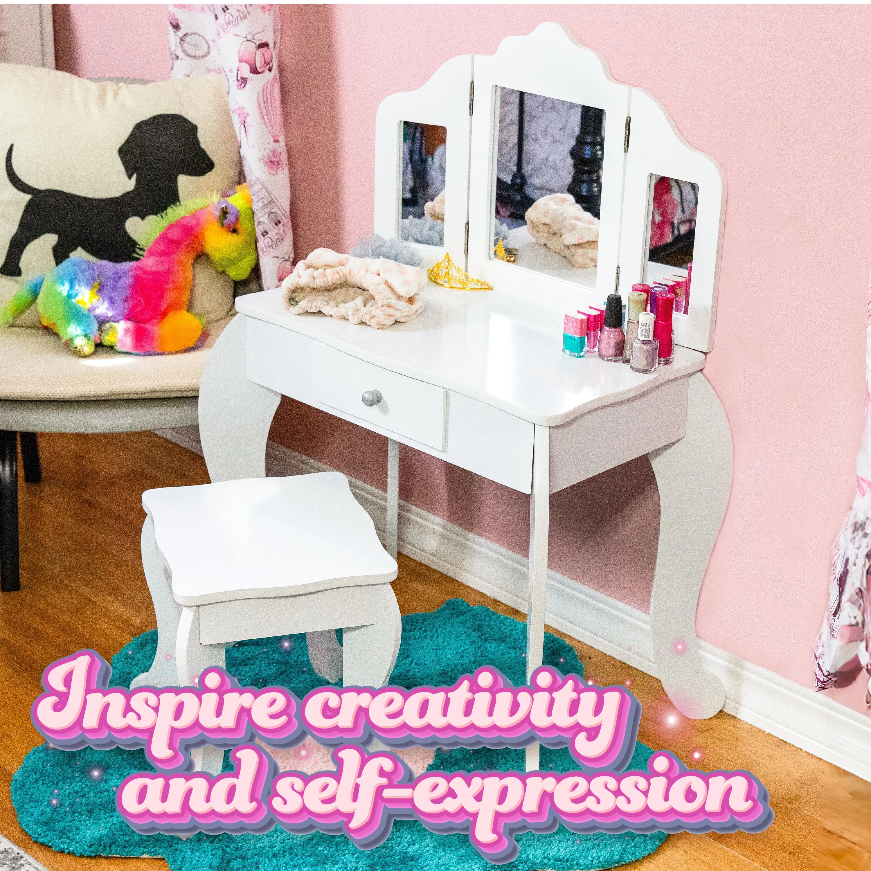 Sunnydaze Beauty Bliss Kids' Vanity Set with Mirror and Stool