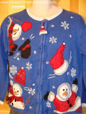 Tacky Cheap Ugly Christmas Sweater with Tumbling Happy Snowmen (f509)