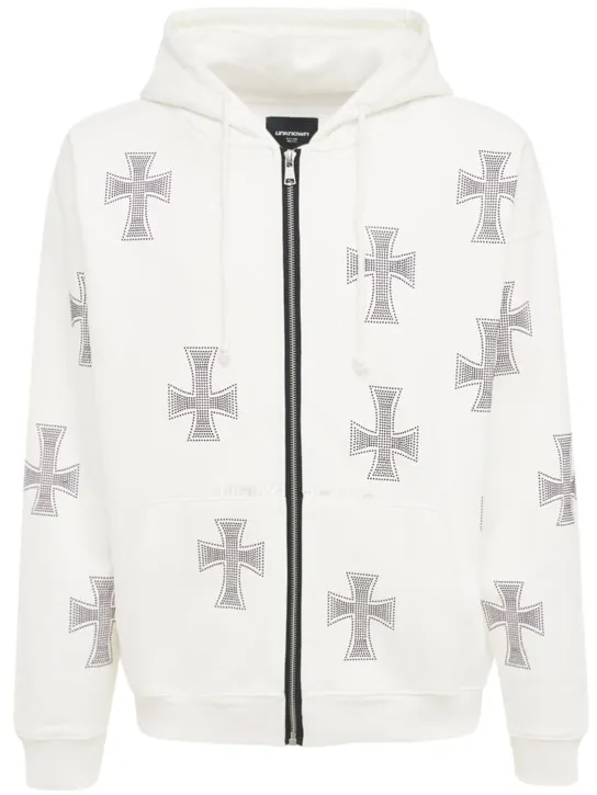 Unknown   White rhinestone cross cotton hoodie 