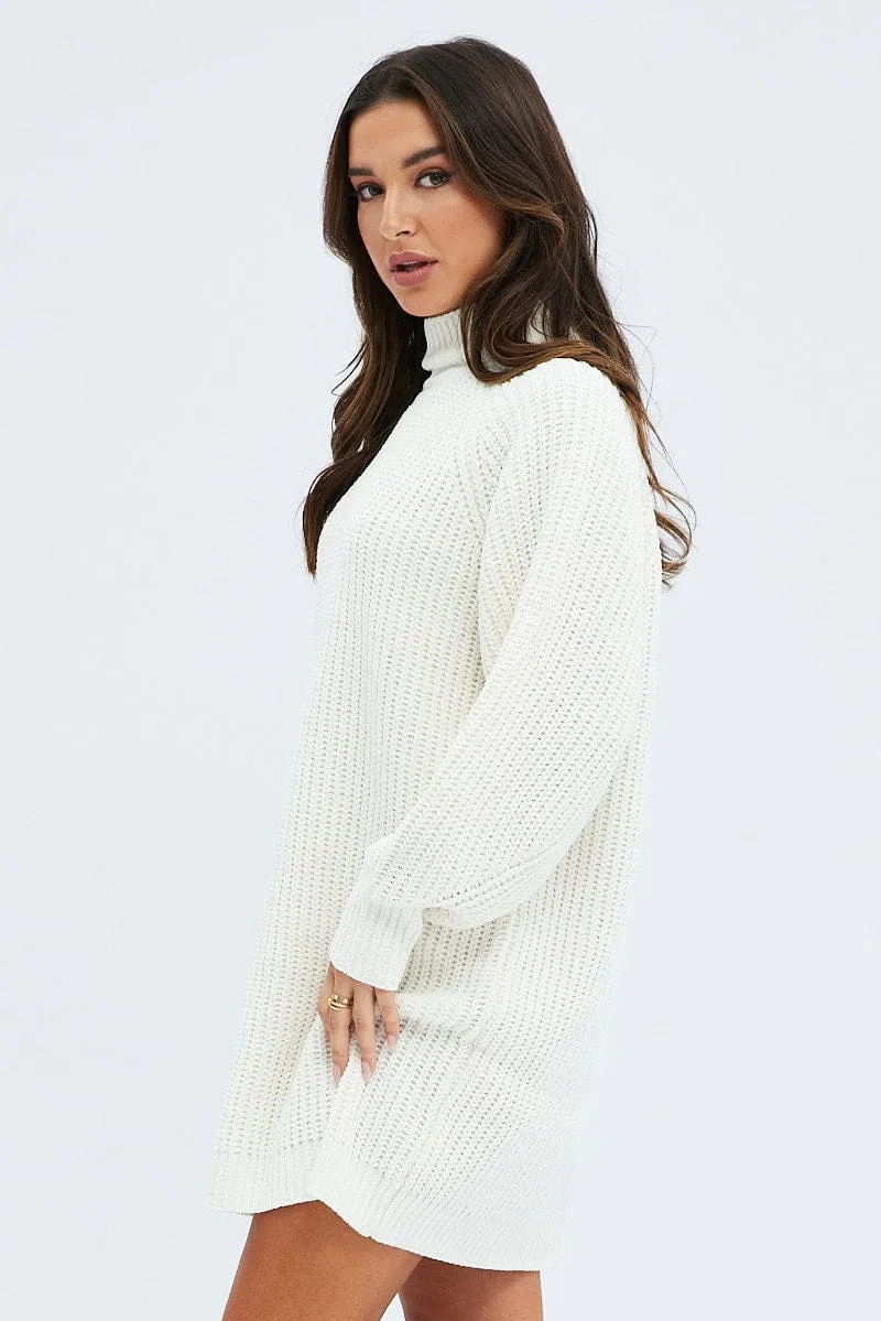 White Knit Dress High Neck Oversized chenille