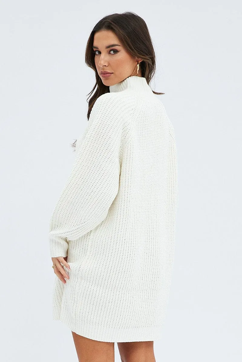 White Knit Dress High Neck Oversized chenille