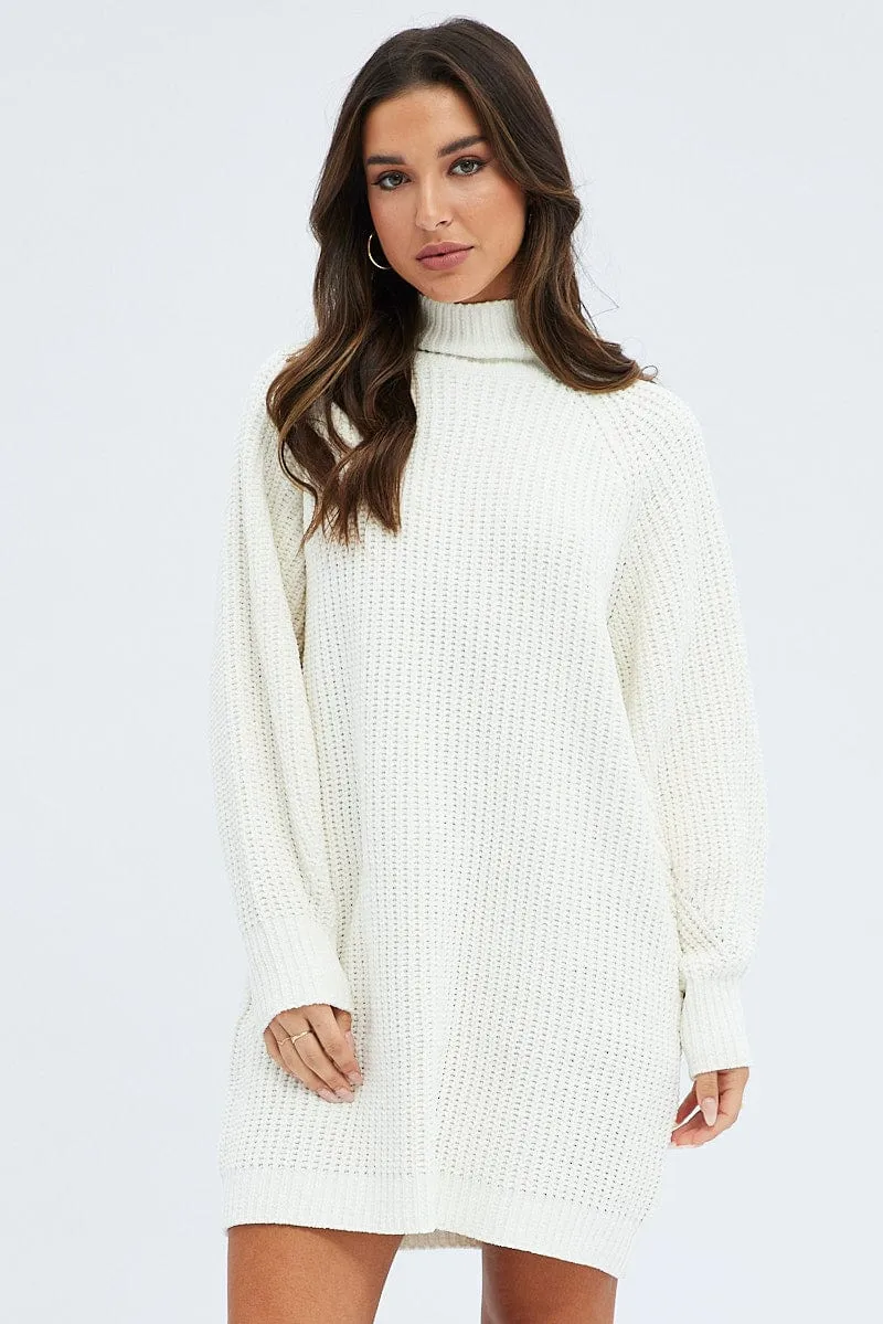 White Knit Dress High Neck Oversized chenille