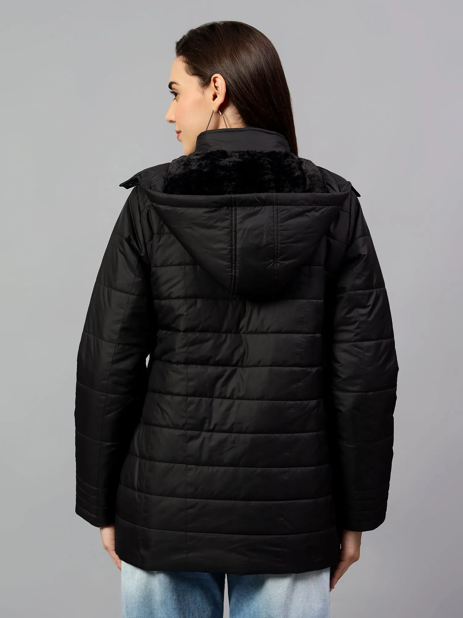 Women's Black Solid Full Sleeves Winter Jacket