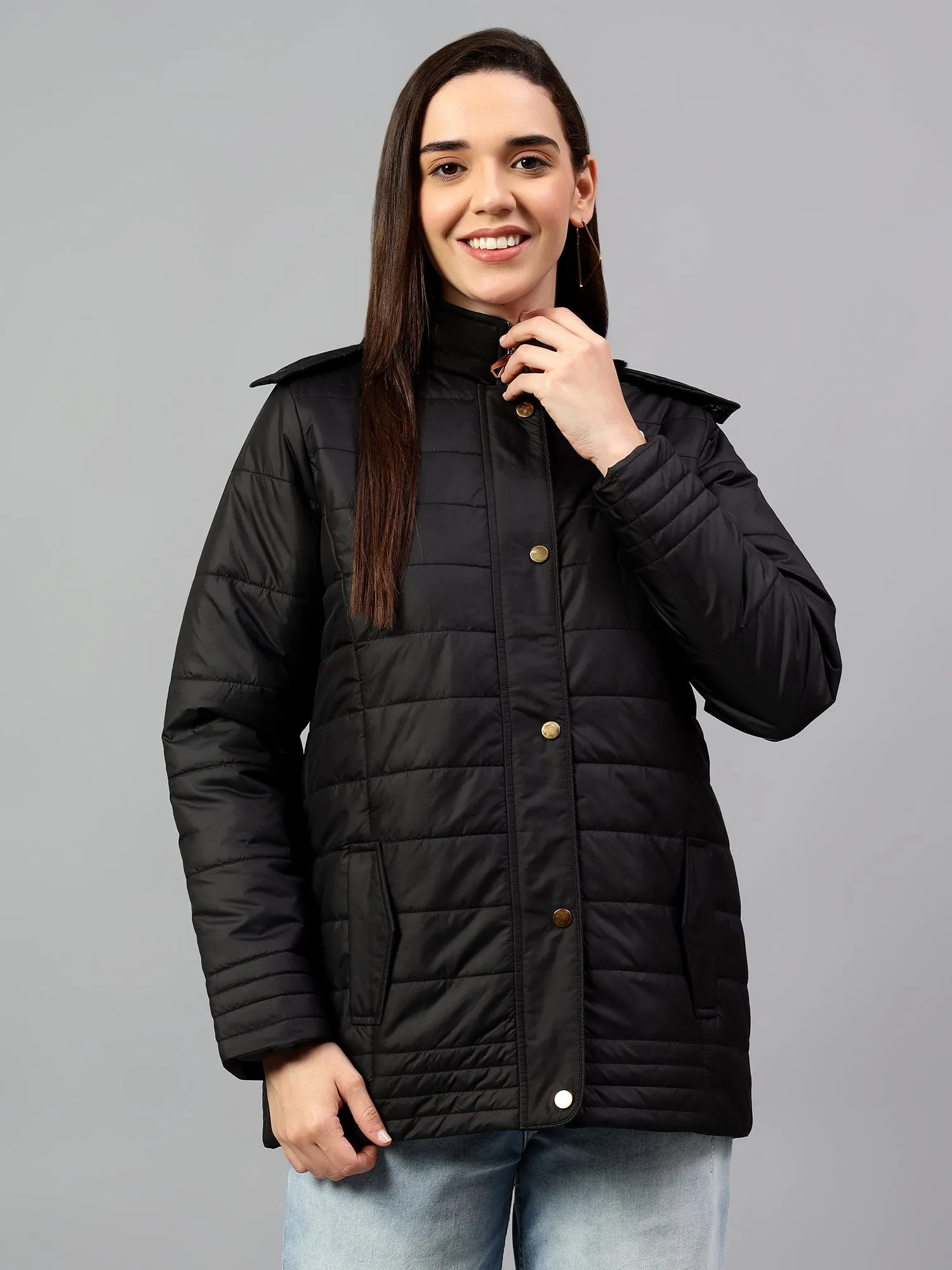 Women's Black Solid Full Sleeves Winter Jacket