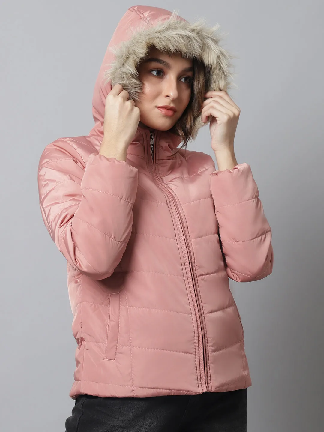 Women's Casual  Pink Quilted Hood with Faux Fur trim Jacket