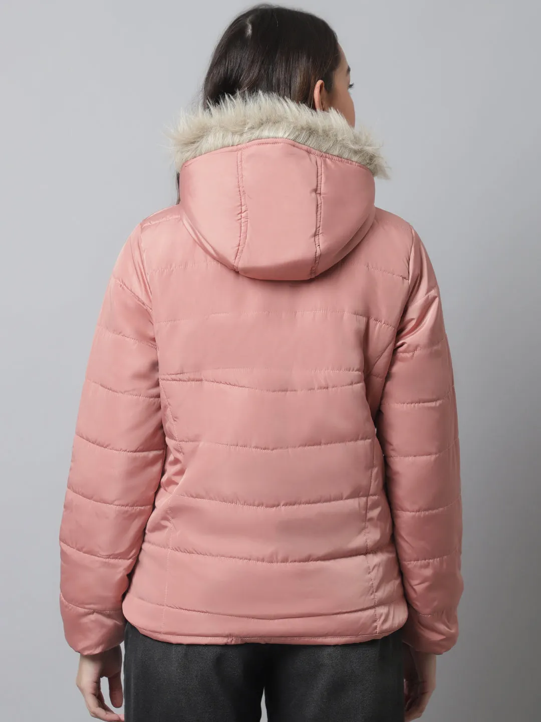 Women's Casual  Pink Quilted Hood with Faux Fur trim Jacket