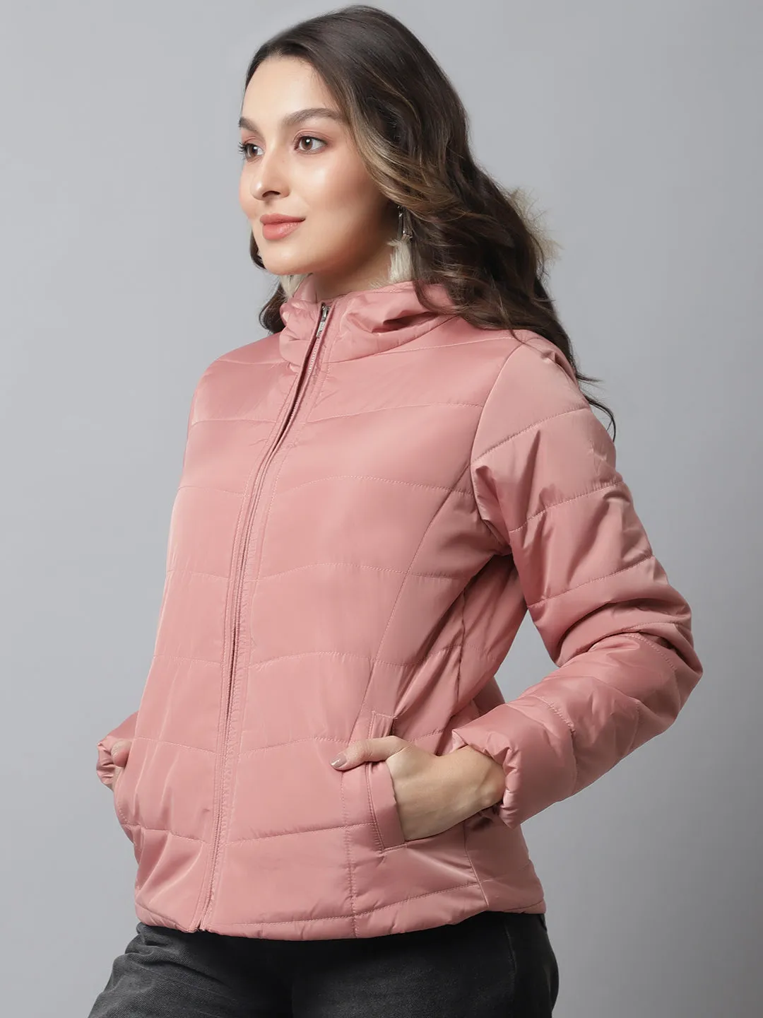 Women's Casual  Pink Quilted Hood with Faux Fur trim Jacket